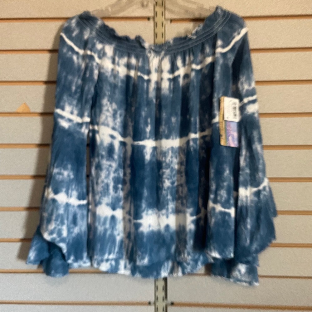 NEW Panhandle Womens Blue Tie Dye Off Shoulder Bell Sleeve Boho Western Top M